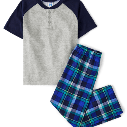 Boys Plaid Henley Pajamas - blueBoys Plaid Henley Pajamas - blue