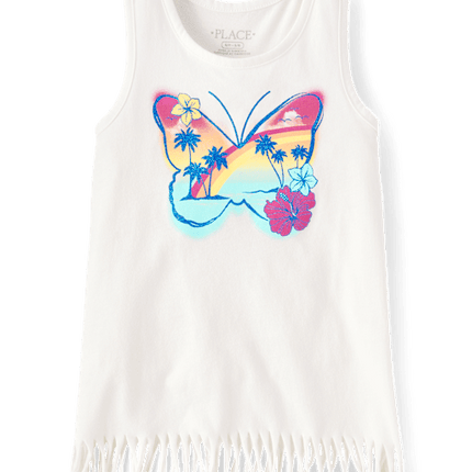 Girls Graphic Fringe Tank Top - whiteGirls Graphic Fringe Tank Top - white