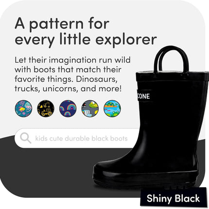 Kids Rain Boots for Girls & Boys – Waterproof Natural Rubber Toddler Rain Boots with Non-Slip Outsole & Easy Pull Handles – Solid, Pattern & Glitter Designs