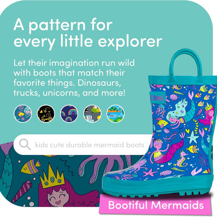 Kids Rain Boots for Girls & Boys – Waterproof Natural Rubber Toddler Rain Boots with Non-Slip Outsole & Easy Pull Handles – Solid, Pattern & Glitter Designs