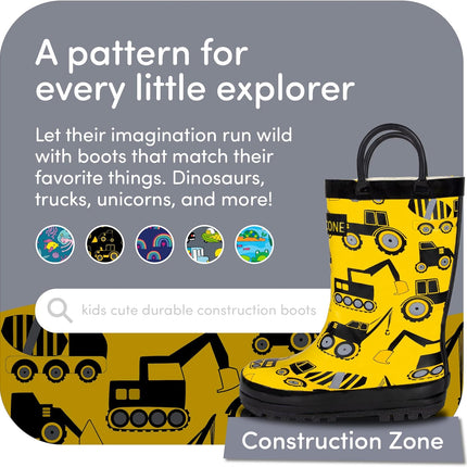 Kids Rain Boots for Girls & Boys – Waterproof Natural Rubber Toddler Rain Boots with Non-Slip Outsole & Easy Pull Handles – Solid, Pattern & Glitter Designs