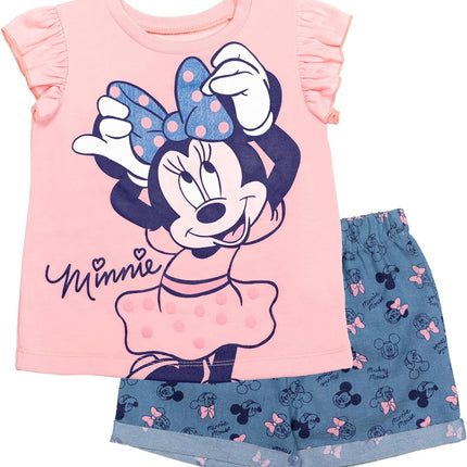 Disney Minnie Mouse Rainbow Floral T-Shirt and Chambray Shorts Outfit Set Infant to Big Kid Sizes (12 Months - 14-16)
