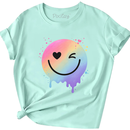 Pastel Smiley Face Drip T-Shirt for Girls – Mint Rainbow Wink Tee | Youth Sizes