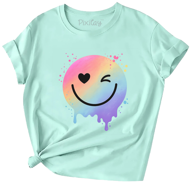 Pastel Smiley Face Drip T-Shirt for Girls – Mint Rainbow Wink Tee | Youth Sizes