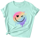 Pastel Smiley Face Drip T-Shirt for Girls – Mint Rainbow Wink Tee | Youth Sizes