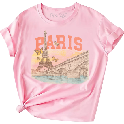 Paris Eiffel Tower T-Shirt for Girls – Vintage Travel Graphic Tee in Pink | Youth Sizes