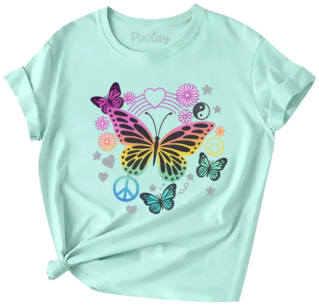 Retro Butterfly Vibes T-Shirt for Girls – Peace, Love & Rainbow Tee | Mint Green | Youth Sizes