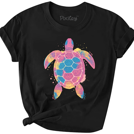 Colorful Sea Turtle T-Shirt for Girls – Tribal Rainbow Design on Black Tee | Youth Sizes