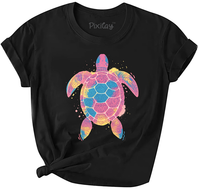 Colorful Sea Turtle T-Shirt for Girls – Tribal Rainbow Design on Black Tee | Youth Sizes