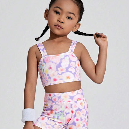 Young Girl Random Print Cami Top And Shorts Active Set