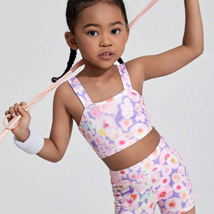 Young Girl Random Print Cami Top And Shorts Active Set