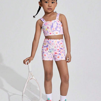 Young Girl Random Print Cami Top And Shorts Active Set