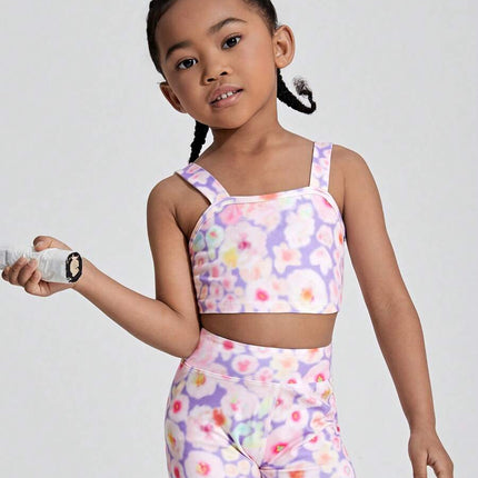Young Girl Random Print Cami Top And Shorts Active Set