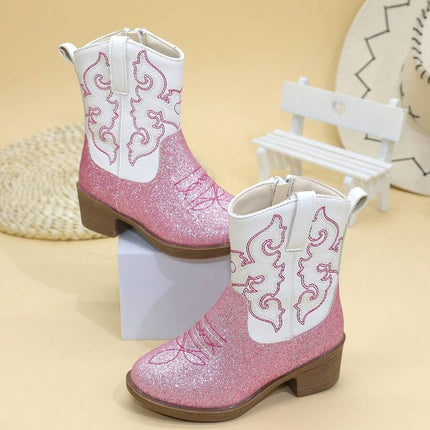 Girls' Embroidered High Heel Boots, Western Cowboy Boots, Pointed Toe, Side Zip, Mid-Calf/High Tube