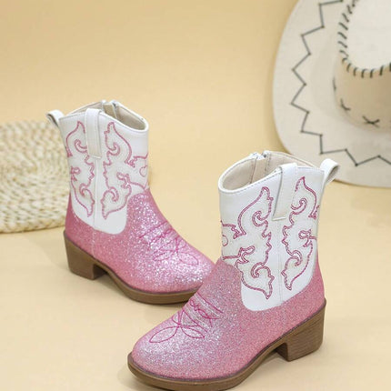 Girls' Embroidered High Heel Boots, Western Cowboy Boots, Pointed Toe, Side Zip, Mid-Calf/High Tube