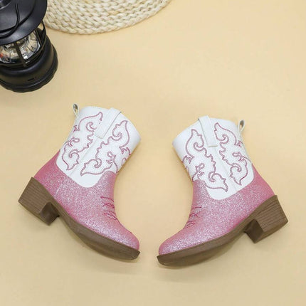 Girls' Embroidered High Heel Boots, Western Cowboy Boots, Pointed Toe, Side Zip, Mid-Calf/High Tube