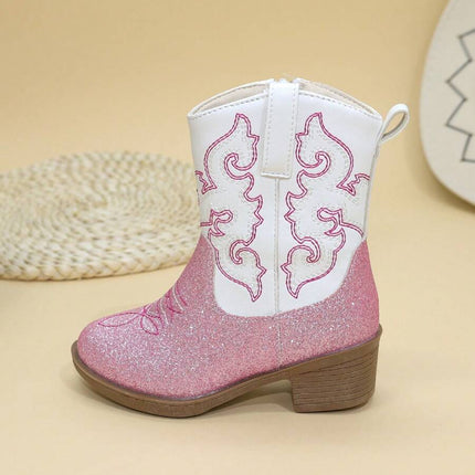 Girls' Embroidered High Heel Boots, Western Cowboy Boots, Pointed Toe, Side Zip, Mid-Calf/High Tube