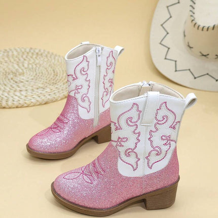 Girls' Embroidered High Heel Boots, Western Cowboy Boots, Pointed Toe, Side Zip, Mid-Calf/High Tube