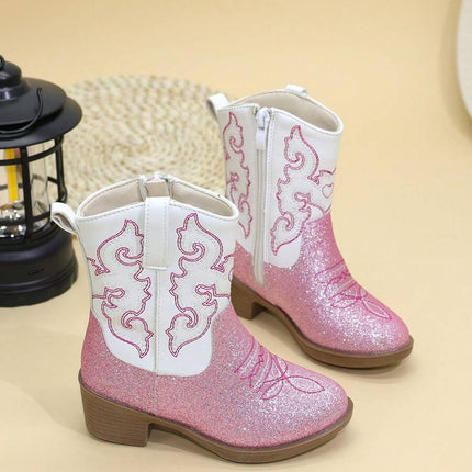 Girls' Embroidered High Heel Boots, Western Cowboy Boots, Pointed Toe, Side Zip, Mid-Calf/High Tube