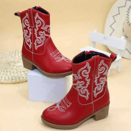 Girls' Embroidered High Heel Boots, Western Cowboy Boots, Pointed Toe, Side Zip, Mid-Calf/High Tube