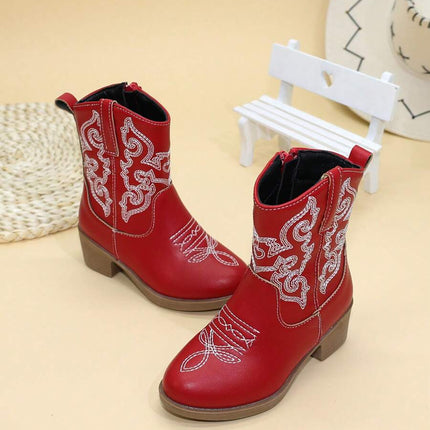 Girls' Embroidered High Heel Boots, Western Cowboy Boots, Pointed Toe, Side Zip, Mid-Calf/High Tube