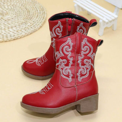 Girls' Embroidered High Heel Boots, Western Cowboy Boots, Pointed Toe, Side Zip, Mid-Calf/High Tube