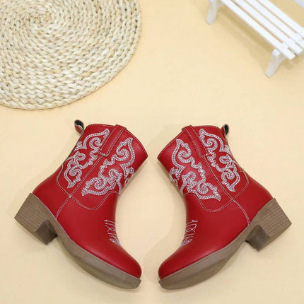 Girls' Embroidered High Heel Boots, Western Cowboy Boots, Pointed Toe, Side Zip, Mid-Calf/High Tube