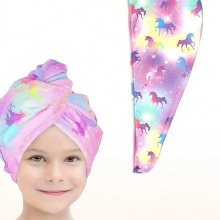 1pc Girls Microfiber Hair Towel Wrap For Kids Rapid Drying Hair Towel With Button Hair Turbans For Wet Hair Wraps Head Towel Wrap For Girls, Dark Unicorn