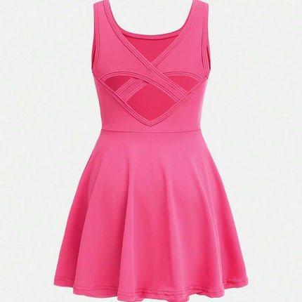Young Girls 2pcs Outfit - Magenta Sleeveless Dress With Hollow-Out Cross Back Design And Leggings
