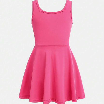 Young Girls 2pcs Outfit - Magenta Sleeveless Dress With Hollow-Out Cross Back Design And Leggings