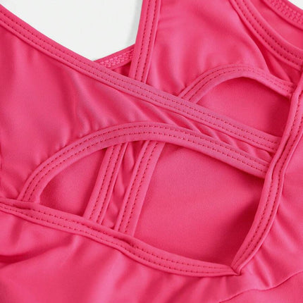Young Girls 2pcs Outfit - Magenta Sleeveless Dress With Hollow-Out Cross Back Design And Leggings