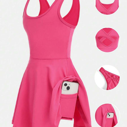 Young Girls 2pcs Outfit - Magenta Sleeveless Dress With Hollow-Out Cross Back Design And Leggings