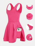 Young Girls 2pcs Outfit - Magenta Sleeveless Dress With Hollow-Out Cross Back Design And Leggings