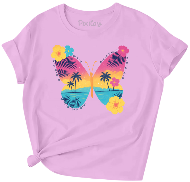 Tropical Butterfly Sunset Kids T-Shirt – Island Vibes Graphic Tee for Girls