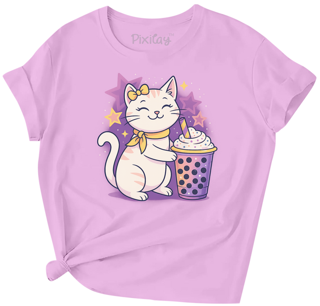 Cute Cat & Boba Bubble Tea T-Shirt – Kawaii Graphic Tee for Girls | Youth Sizes