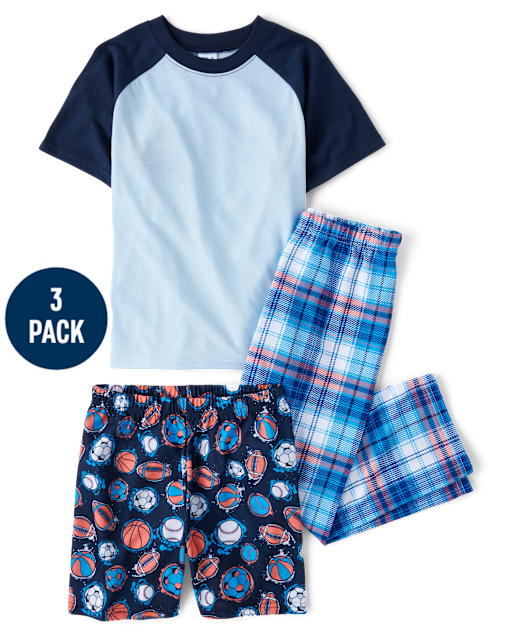 Boys Sports Plaid 3-Piece Pajama Set - whiteBoys Sports Plaid 3-Piece Pajama Set - white