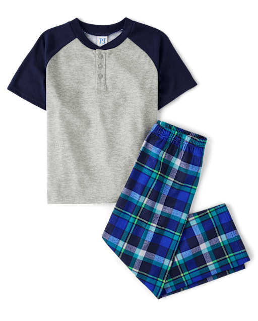 Boys Plaid Henley Pajamas - blueBoys Plaid Henley Pajamas - blue