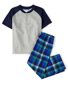 Boys Plaid Henley Pajamas - blueBoys Plaid Henley Pajamas - blue