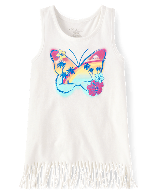 Girls Graphic Fringe Tank Top - whiteGirls Graphic Fringe Tank Top - white