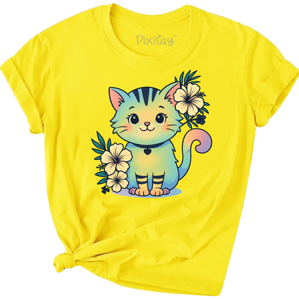 Cute Rainbow Cat & Flowers T-Shirt – Bright Yellow Kawaii Tee for Girls | Youth Sizes