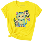 Cute Rainbow Cat & Flowers T-Shirt – Bright Yellow Kawaii Tee for Girls | Youth Sizes