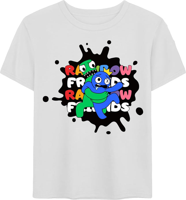 Rainbow Friends Kids T-Shirt, Green Hugs Blue, Cartoon Character Design, Gaming Graphic