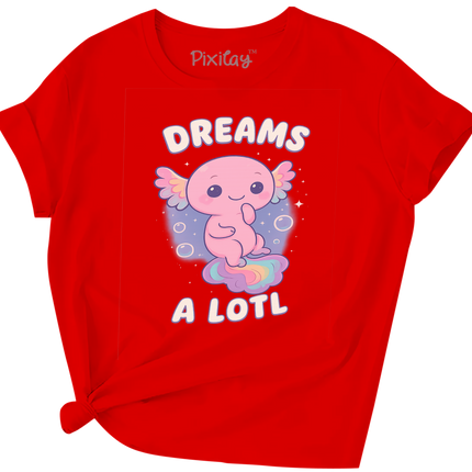 “Dreams A Lotl” Axolotl Kids T-Shirt – Cute Red Kawaii Tee | Youth Sizes