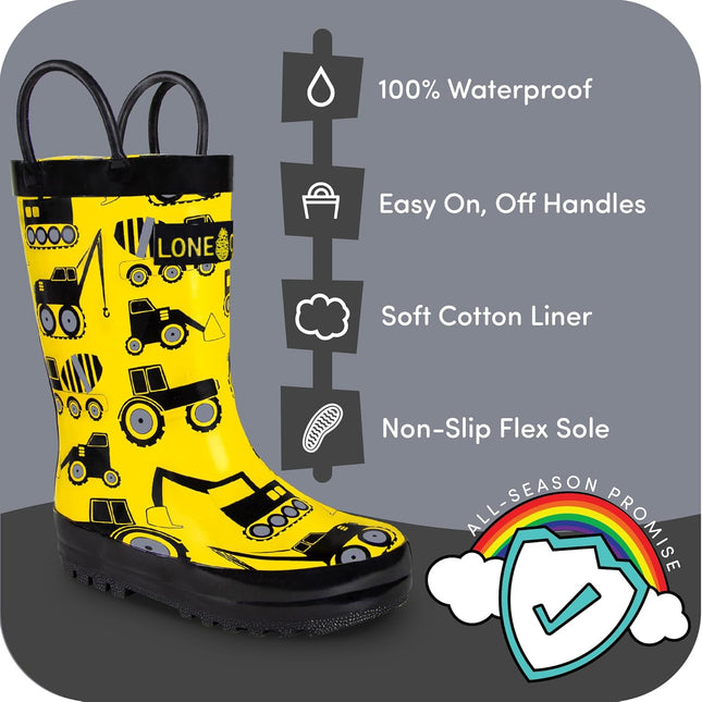 Kids Rain Boots for Girls & Boys – Waterproof Natural Rubber Toddler Rain Boots with Non-Slip Outsole & Easy Pull Handles – Solid, Pattern & Glitter Designs