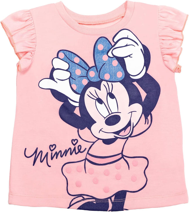 Disney Minnie Mouse Rainbow Floral T-Shirt and Chambray Shorts Outfit Set Infant to Big Kid Sizes (12 Months - 14-16)