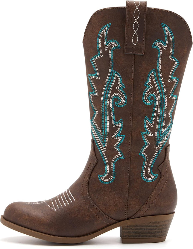 Girls Kids Western Boots Embroidered Cowgirl Cowboy Boots Girls Mid Calf Riding Shoes Little Kid/Big Kid