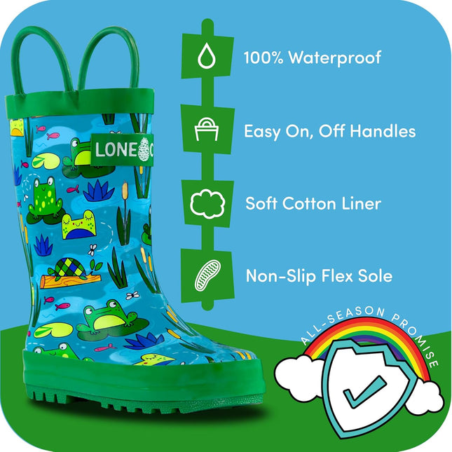 Kids Rain Boots for Girls & Boys – Waterproof Natural Rubber Toddler Rain Boots with Non-Slip Outsole & Easy Pull Handles – Solid, Pattern & Glitter Designs