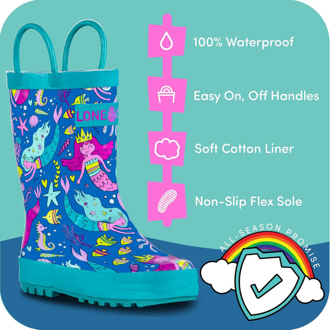 Kids Rain Boots for Girls & Boys – Waterproof Natural Rubber Toddler Rain Boots with Non-Slip Outsole & Easy Pull Handles – Solid, Pattern & Glitter Designs