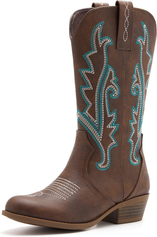 Girls Kids Western Boots Embroidered Cowgirl Cowboy Boots Girls Mid Calf Riding Shoes Little Kid/Big Kid