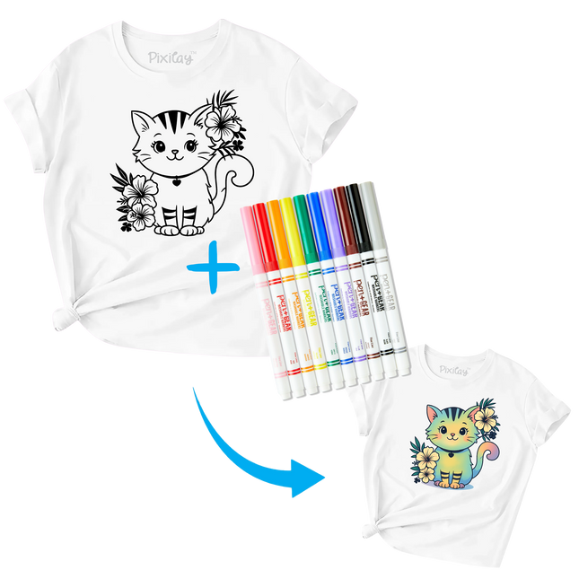 Color-Your-Own Cat T-Shirt for Kids – DIY Kit with Free Fabric Markers | Youth Sizes
